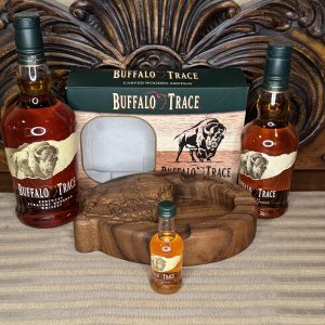 Buffalo Trace Carved Ashtray paired with bottles of Buffalo Trace Bourbon